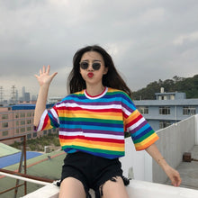 Load image into Gallery viewer, New T Shirt Women Rainbow Striped Tops Harajuku Tshirt 2018 Summer Short Sleeve Korean Punk T-shirt camiseta feminina T8