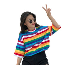 Load image into Gallery viewer, New T Shirt Women Rainbow Striped Tops Harajuku Tshirt 2018 Summer Short Sleeve Korean Punk T-shirt camiseta feminina T8