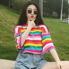 Load image into Gallery viewer, New T Shirt Women Rainbow Striped Tops Harajuku Tshirt 2018 Summer Short Sleeve Korean Punk T-shirt camiseta feminina T8